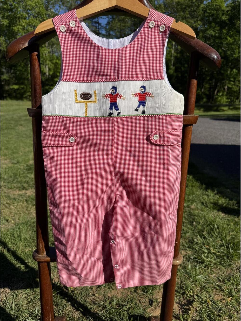 Red Gingham Toddler Overalls with Football Smocking 18 months - #14